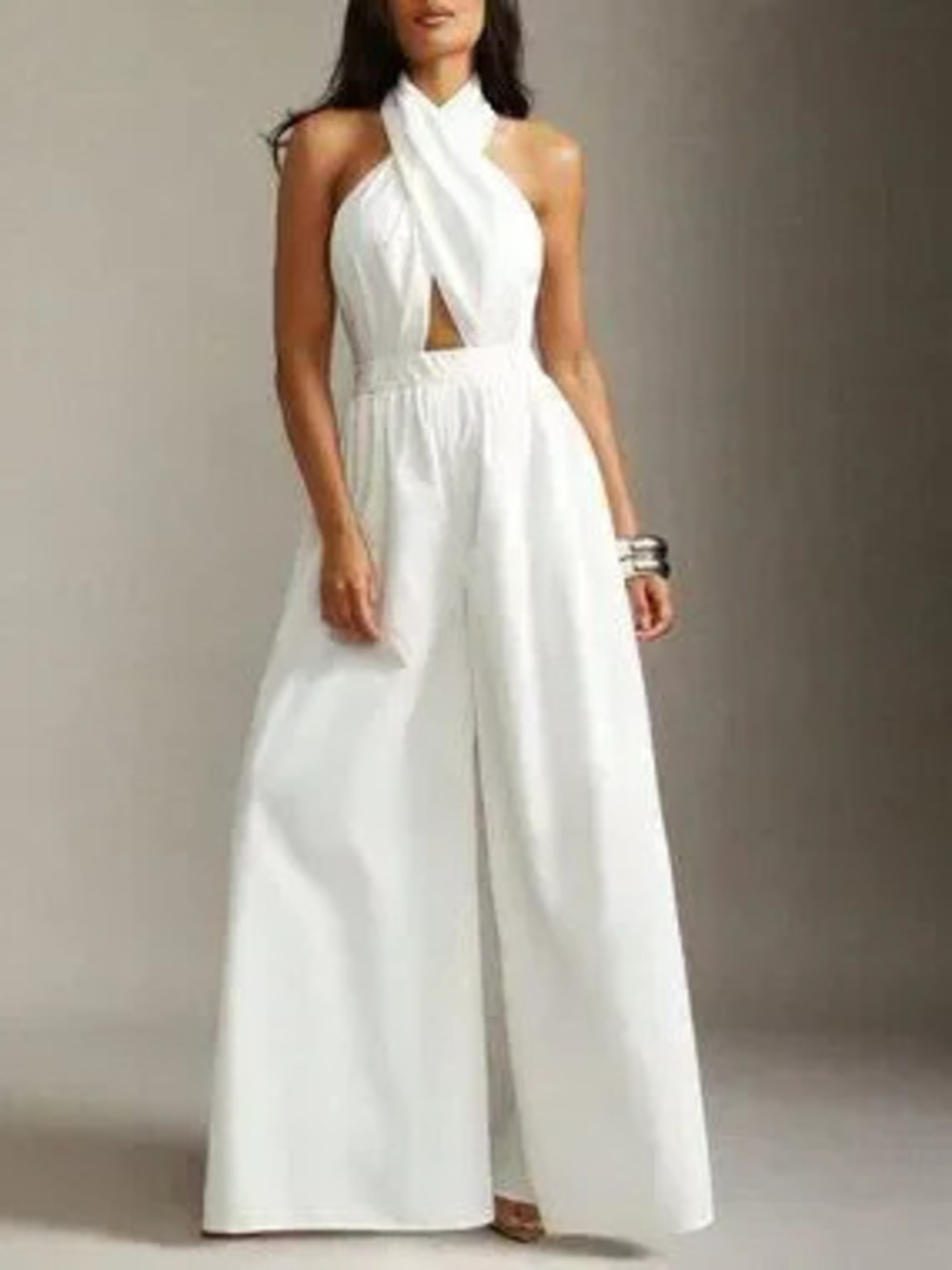 ZARA White Elegant Business Women's Wide-Leg Halter Jumpsuit